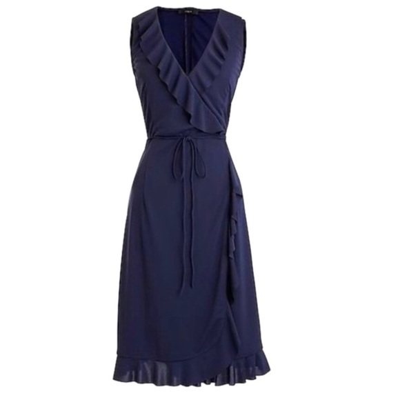 J. Crew Sleeveless Ruffle Trim Wrap Dress In Navy Blue - Picture 2 of 8
